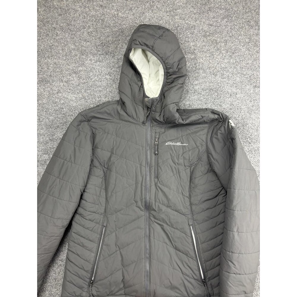 Eddie Bauer Jacket Womens Medium Gray Reversible Hooded‎ Puffer Zip First Ascent